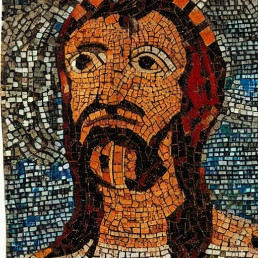 prompthunt: byzantine mosaic of gigachad, perfect face, perfect eyes,  strong jaw, centered, awarded photo, intricated, very detailed, highly  qualified