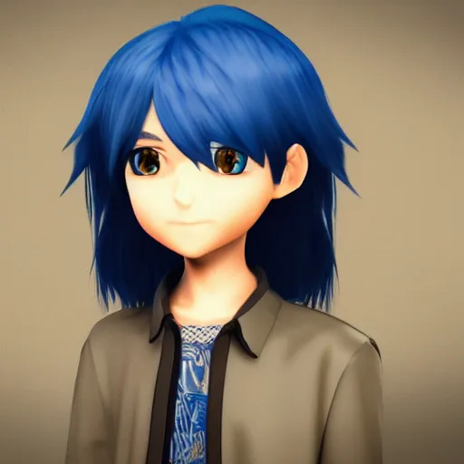 Prompt: young boy, blue hair, long hair, highly detailed 3D render, 8k, rpg concept art character, jrpg character, manga, anime, video game character