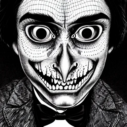 Prompt: a detailed portrait of Daniel Radclife as an owl in the style junji ito, 8k, ornate, intricate
