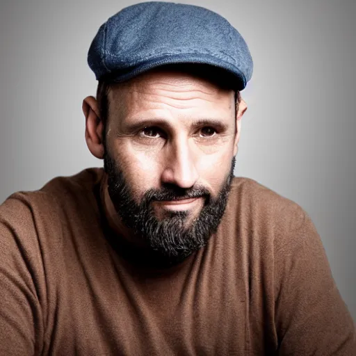 Prompt: photo portrait actractive 4 0 year old man, short dark brown hair, slightly receding hairline, crossed arms, scruffy beard, brown cap