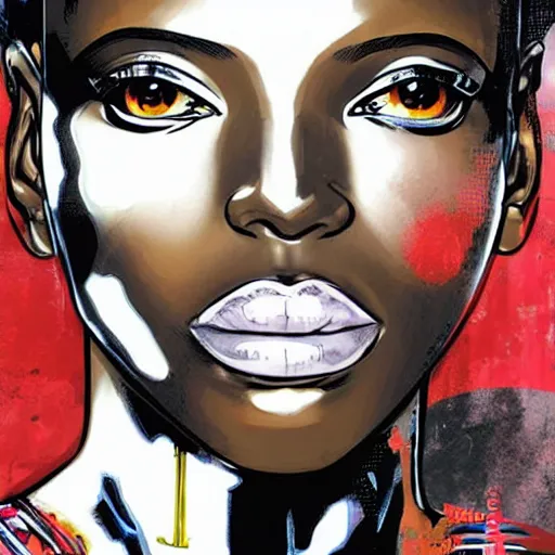Image similar to portrait of a black female android, by MARVEL comics and Sandra Chevrier