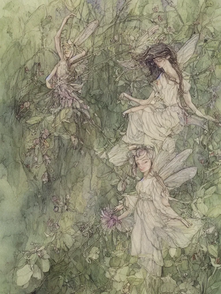 Image similar to annotated study of a flower fairy, illustration, watercolor, alan lee, detailed, pretty, ethereal,