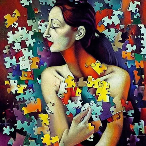 Prompt: A surreal oil painting of puzzle of a portrait of a beautiful woman with scattered puzzle pieces by Salvador Dali, dark vibes, high contrast