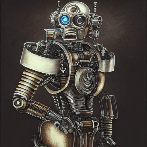Prompt: hyper realistic pencil drawing of a steampunk robot, water color, full portrait, detailed, rim light, diffused, intricate, axe, battle, cyberpunk by anna dittmann