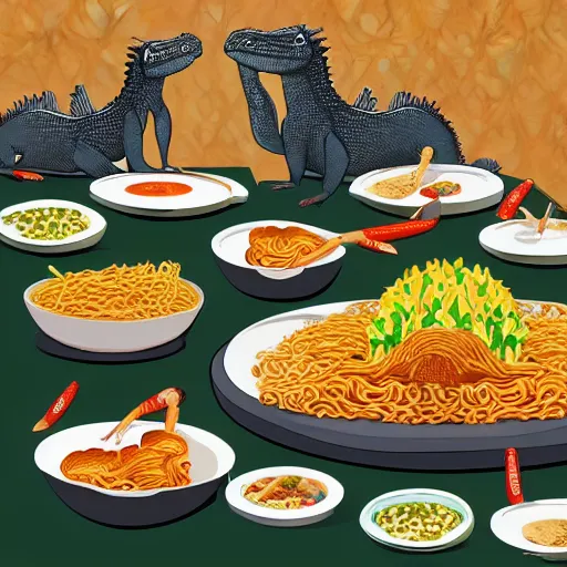 Image similar to a group of komodo dragons having a feast consisting of only indomie instant noodles on a fancy dining table, cartoon style