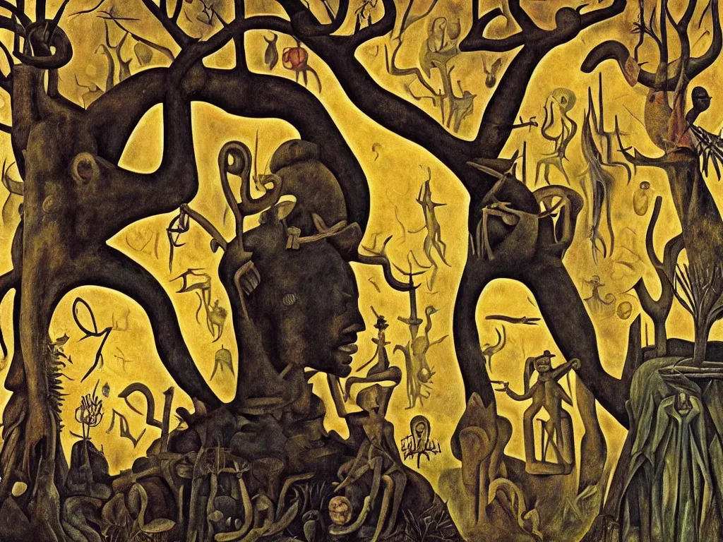 Image similar to Giant African sculpted god in a ravine, fog, melancholy, noise, surreal canopy, fire, harsh, golden light. Painting by Bosch, Frida Kahlo, Yves Tanguy.