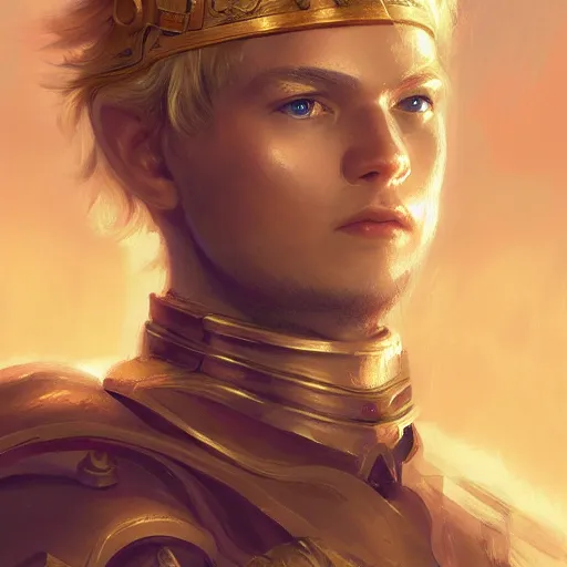 Image similar to Portrait of a young knight with medium-length blond hair wearing a golden armor with a sun symbol, fantasy, highly detailed, digital painting, artstation, concept art, illustration, art by Bayard Wu and Marc Simonetti