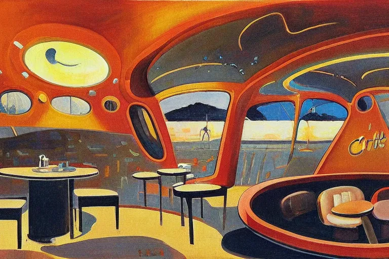 Image similar to coffee shop in a spaceship by robert theodore mccall