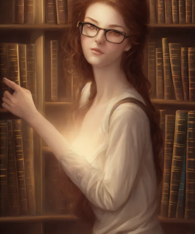 Prompt: cute female librarian in beautiful library by charlie bowater and titian and artgerm, full - body portrait, intricate, face, bookshelves, dust, elegant, beige mist, beautiful, highly detailed, dramatic lighting, sharp focus, trending on artstation, artstationhd, artstationhq, unreal engine, 4 k, 8 k