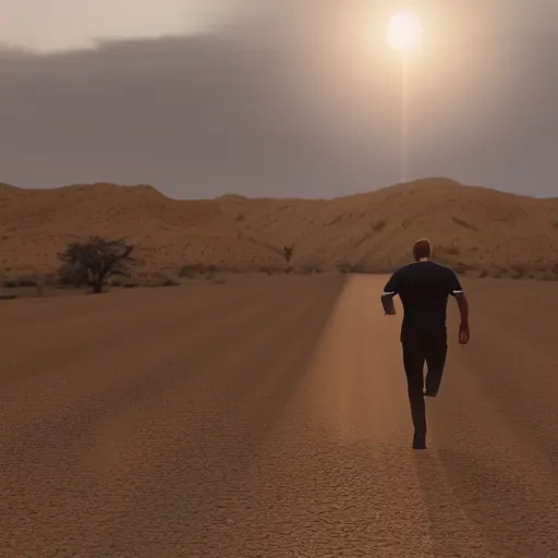 Prompt: benjamin netanyahu running in the middle of the desert, highly realistic, golden lighting, 8 k, cinematic, detailed