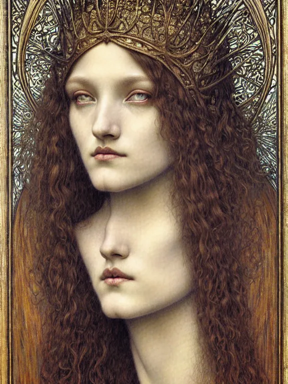 Image similar to detailed realistic beautiful young medieval queen face portrait by jean delville, gustave dore and marco mazzoni, art nouveau, symbolist, visionary, gothic, pre - raphaelite. horizontal symmetry