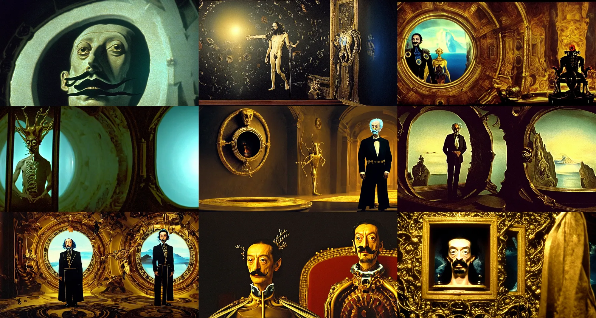 Prompt: the full body shot of arrogant salvador dali in the role of emperor of universe | porthole in the wall of palace | still frame from the prometheus movie by ridley scott with cinematogrophy of christopher doyle, anamorphic bokeh and lens flares, 8 k, higly detailed masterpiece