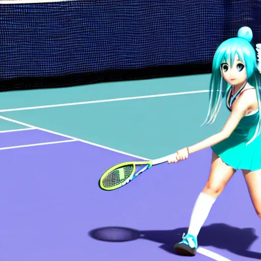 Prompt: photo of hatsune miku in real world playing tennis