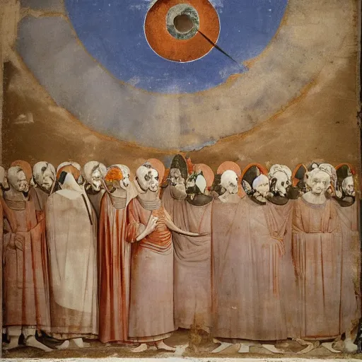 Prompt: Thelema God Morgante the Demon stands above the small townfolk leering with enormous eye fresco by giotto