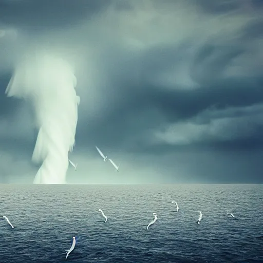 Image similar to a tornado!! made of seagulls, windy, cloudy, realistic reflections, cinematic lighting