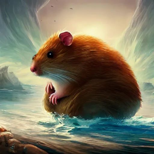 Image similar to giant hamster in the middle of the sea, fantasy art, illustration, epic, fantasy, intricate, hyper detailed, artstation, concept art, smooth, sharp focus, ray tracing