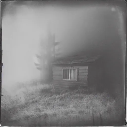 Image similar to an a abandoned cabin shrouded by fog on a hill overlooking a stormy sea as a tintype