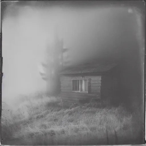 Prompt: an a abandoned cabin shrouded by fog on a hill overlooking a stormy sea as a tintype