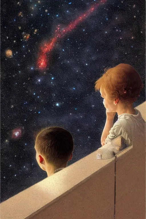 Prompt: a 1 5 year old boy and 2 year old girl looking at a wall and viewing the universe full of galaxies, part by norman rockwell, part by greg rutkowski, part by mattias adolfsson, high angle, ( ( ( ( volumetric lighting ) ) ) ), oil on canvas