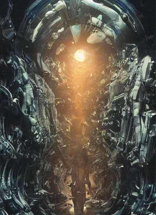 Image similar to astronauts in dark and empty void underwater - complex and hyperdetailed technical suit. reflection and dispersion materials. rays and dispersion of light. volumetric light. 5 0 mm, f / 3 2. noise film photo. flash photography. ultra realistic, wide angle. poster by wayne barlowe, hajime sorayama aaron horkey, craig mullins