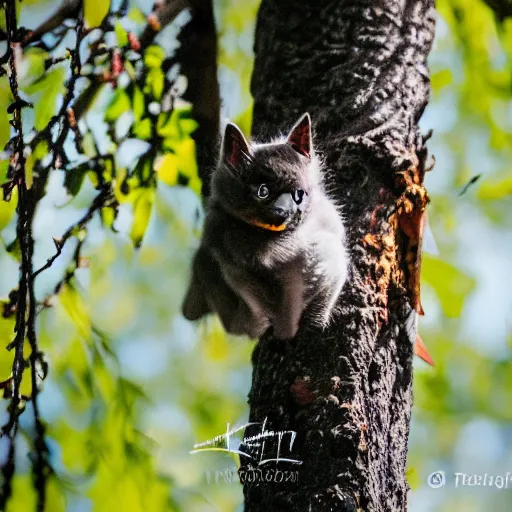 Prompt: a bat kitten, in a tree, Canon EOS R3, telephoto, very detailed, 4k