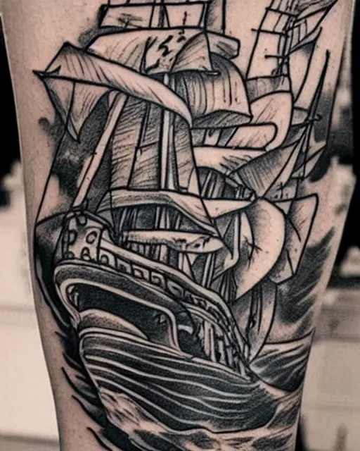 Image similar to A tattoo design of a pirate ship, black and white, on white paper, highly detailed, realistic tattoo, trending on pinterest