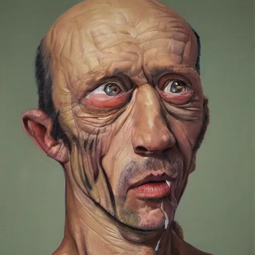Prompt: a very realistic painting of the ugliest man in history, very detailed, visible paint layers, thick brush strokes, highly realistic.