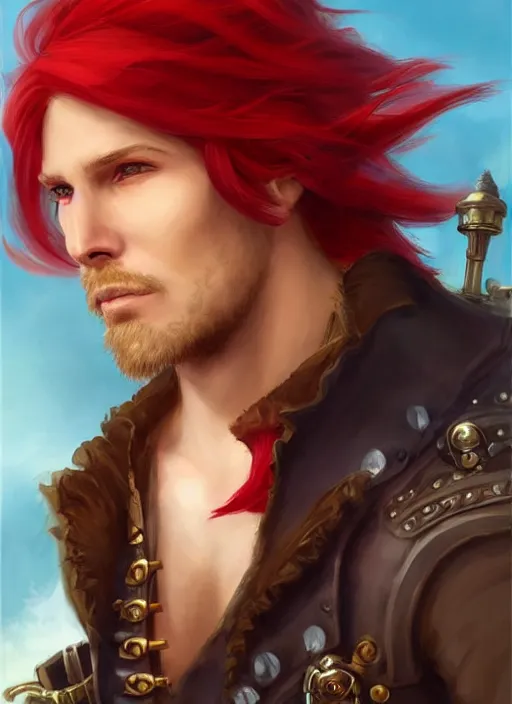 Image similar to portrait of a male pirate with flowing red hair!!!!!!, handsome, side profile, Steampunk airship!!!!!!!, D&D, fantasy, simple clothing!!!!, elegant, highly detailed, digital painting, deviantart, artstation, concept art, sharp focus, illustration, art by Artgerm and Greg Rutkowski and Alphonse Mucha