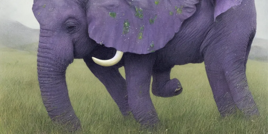 Prompt: purple elephant running in meadow, close up, raining, mountain behind meadow, menacing, illustration, detailed, smooth, soft, cold, by Adolf Lachman, Shaun Tan, Surrealism