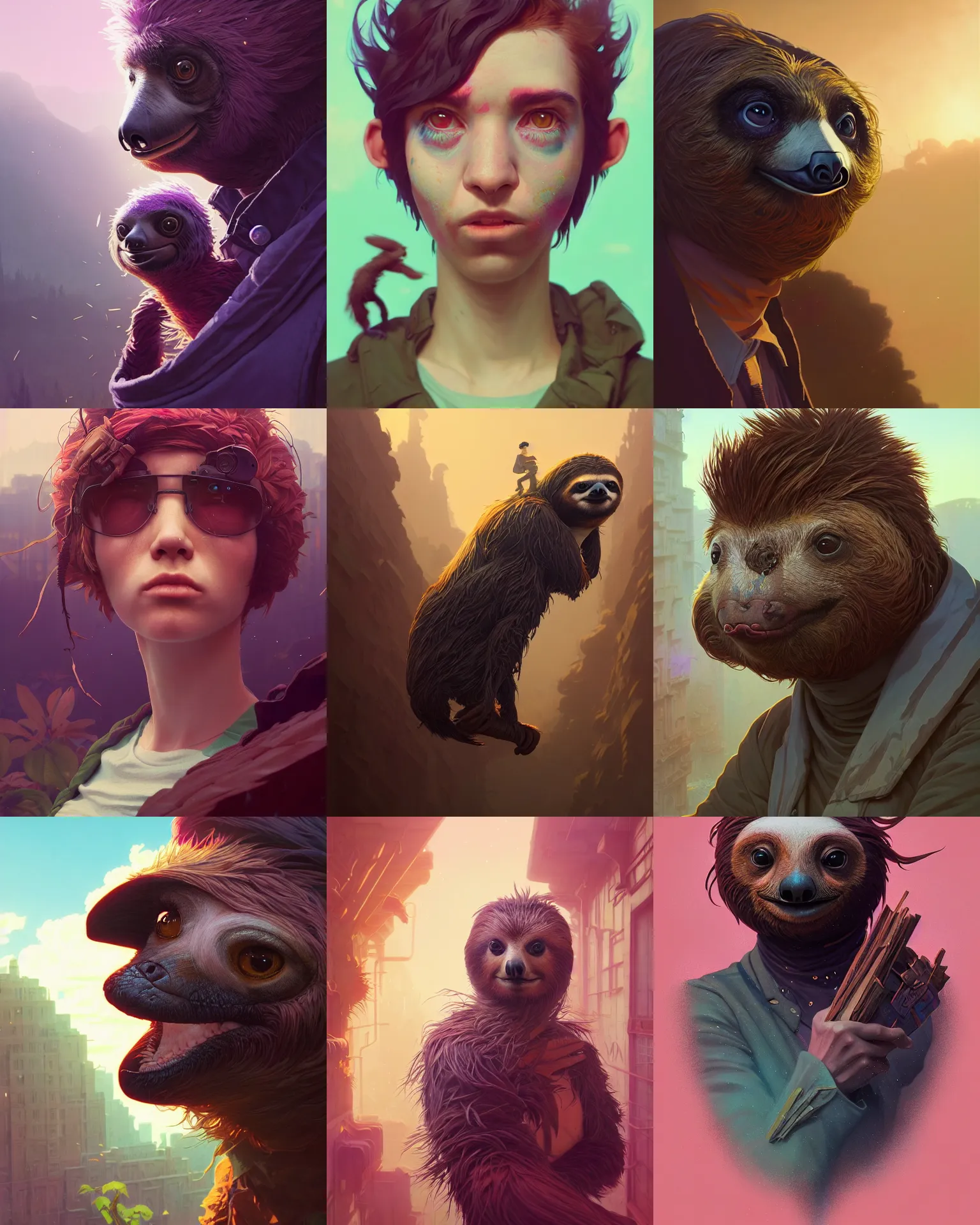 Prompt: highly detailed surreal vfx portrait of a nowpunk sloth, stephen bliss, unreal engine, greg rutkowski, loish, rhads, beeple, makoto shinkai and lois van baarle, ilya kuvshinov, rossdraws, tom bagshaw, alphonse mucha, global illumination, detailed and intricate environment