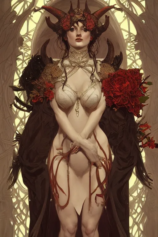 Image similar to beautiful demon peasant maiden with horns, intricate, elegant, highly detailed, digital painting, artstation, concept art, smooth, sharp focus, illustration, art by artgerm and greg rutkowski and alphonse mucha