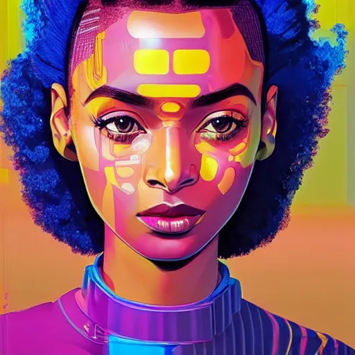 Image similar to electric yara shahidi, afrofuturism, cute - fine - face, pretty face, oil slick hair, realistic shaded perfect face, extremely fine details, realistic shaded lighting, dynamic background, poster by by ilya kuvshinov katsuhiro otomo, magali villeneuve, artgerm, jeremy lipkin and michael garmash and rob rey