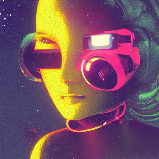 Image similar to cyberpunk concept cool girl cyborg bot, cinema 4 d, galaxy, ufo, space sci - fi, wearing vr goggles, illustration, portrait, pastel neon textured background night, trending on artstation, greg rutkowski, octane rendered, 1 2 k, detailed,