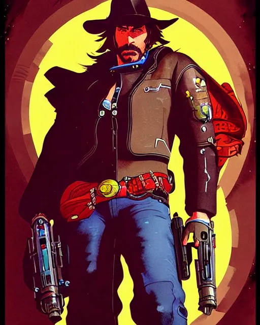 Image similar to mccree from overwatch, cyber space cowboy, character portrait, portrait, close up, concept art, intricate details, highly detailed, vintage sci - fi poster, retro future, vintage sci - fi art, in the style of chris foss, rodger dean, moebius, michael whelan, and gustave dore