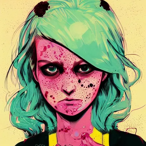 Image similar to Highly detailed portrait of a punk zombie young lady with freckles and blonde wavy hair by Atey Ghailan, by Loish, by Bryan Lee O'Malley, by Cliff Chiang, was inspired by image comics, inspired by scott pilgrim, inspired by graphic novel cover art !!!electric pink, brown, black, yellow and white color scheme ((grafitti tag brick wall background))