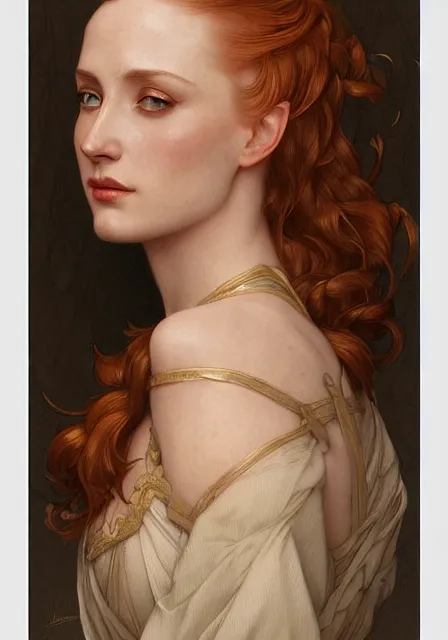 Image similar to sansa gessica chastain, intricate, elegant, highly detailed, digital painting, artstation, concept art, smooth, sharp focus, illustration, art by artgerm and greg rutkowski and alphonse mucha and william - adolphe bouguereau