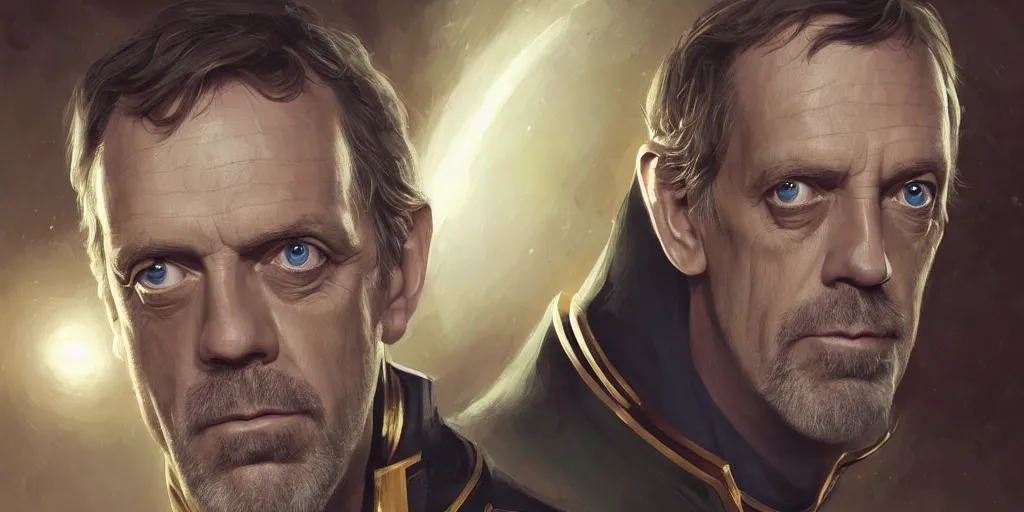 Image similar to portrait of Hugh Laurie wearing his starfleet captains uniform, close face shot, realistic character concept, high fantasy, light atmosphere, golden ratio, cinematic lighting, hyperdetailed, high resolution, insanely detailed and intricate, artstation, Marc Simonetti, Greg Rutkowski