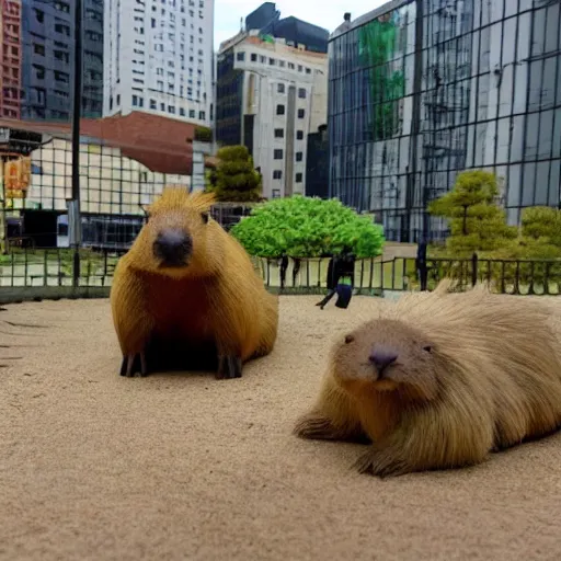 Prompt: A very oversized capybara is sitting on the middle of a miniature city. Shot from far away, detailed.