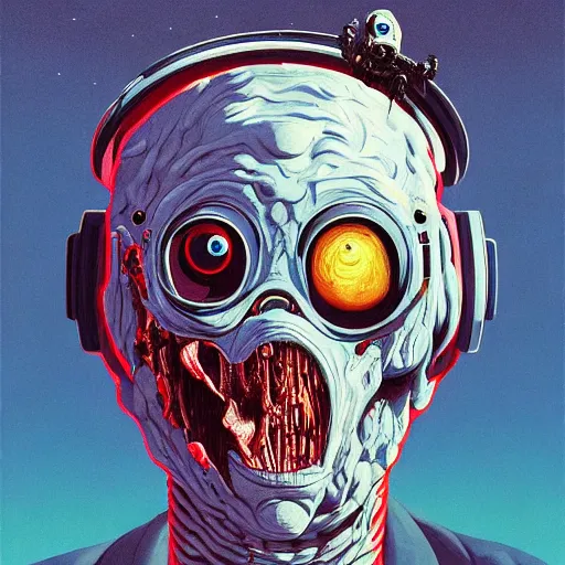 Image similar to Zombie astronaut portrait half face robot,highly detailed, very coherent, painted by Francis Bacon and Edward Hopper, Wayne Barlowe, painted by James Gilleard, surrealism, airbrush, art by JamesJean