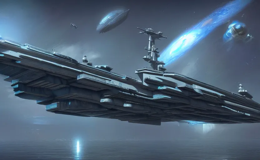 Image similar to cyberpunk aircraft carrier cargo ship strongly resembling industrial spaceship design concept art in space, by david levy, eve online, elite dangerous, artstation