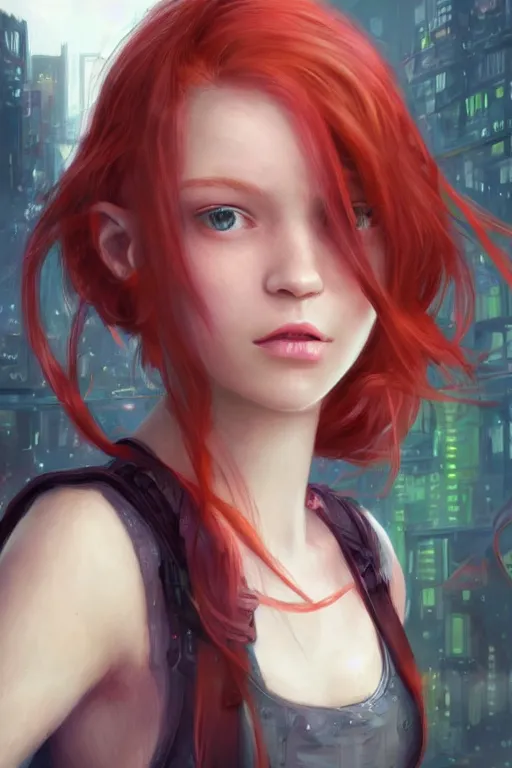 Prompt: beautiful cute red haired joyful and playful eighteen year old young girl standing up, casual green clothing, long hair, cyberpunk city, cute face, rpg character, sci - fi, fantasy, intricate, elegant, digital painting, artstation, concept art, smooth, 8 k frostbite 3 engine, ultra detailed, art by artgerm and greg rutkowski and magali villeneuve