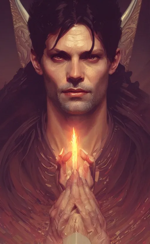 Image similar to a portrait of lucifer, concept art, deep focus, intricate, highly detailed, digital painting, artstation, matte, sharp focus, illustration, art by greg rutkowski and alphonse mucha