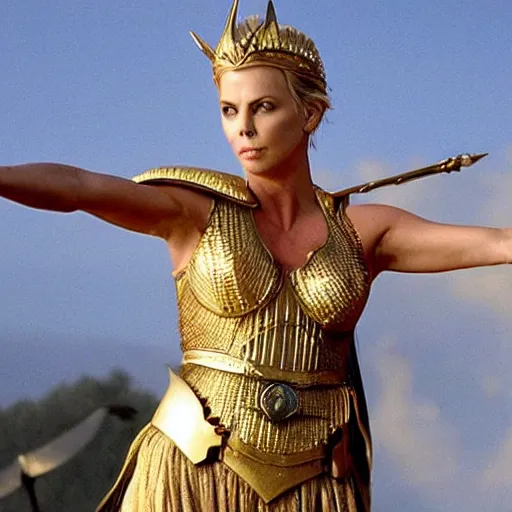Prompt: charlize theron as the greek goddess athena, in battle, scene from live action movie