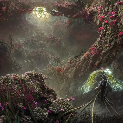 Image similar to intricate bio - mechanical flowers intertwined with human and bio - mechanical organs, intricate environment, matte painting, cinematic, epic composition, highly detailed, atmospheric, wide angle, artstation trending