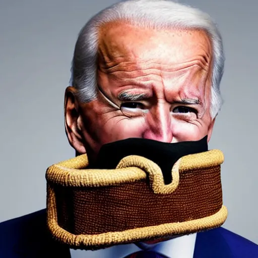 Image similar to uhd candid photo of joe biden wearing a basket muzzle, with accurate face, real muzzle, uhd, studio lighting, correct face, photo by annie leibovitz