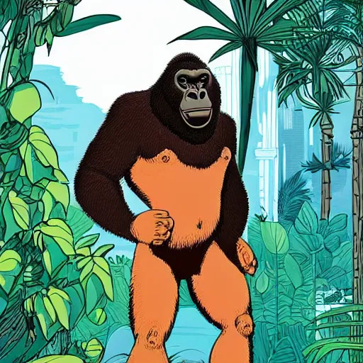 Image similar to Anthropomorphic bipedal gorilla wearing a t-shirt and shorts, in the background is lush jungle, graphic novel, by James Jean, Victo Ngai, David Rubín, Mike Mignola, Laurie Greasley,