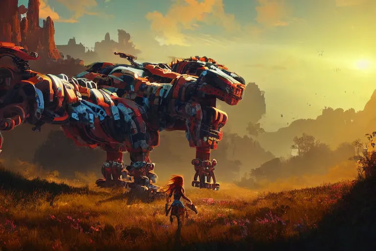 Image similar to scorcher machine mecanical creature robot of horizon forbidden west horizon zero dawn radiating a glowing aura global illumination ray tracing hdr fanart arstation by ian pesty and alena aenami artworks in 4 k