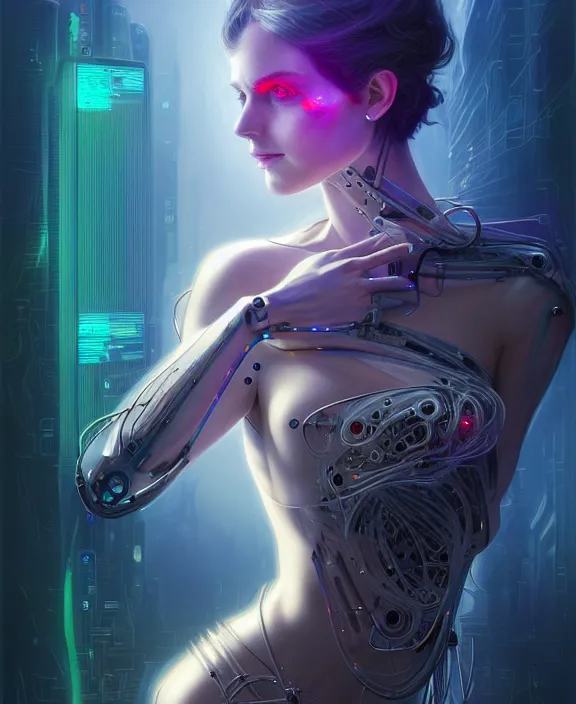 Image similar to a whirlwind of souls rushing inside the metaverse, hologram, half body, neurochip, shaved temple, piercing, jewelry, android, cyborg, cyberpunk face, by loish, d & d, fantasy, intricate, elegant, highly detailed, colorful, digital painting, artstation, concept art, art by artgerm and greg rutkowski and alphonse mucha