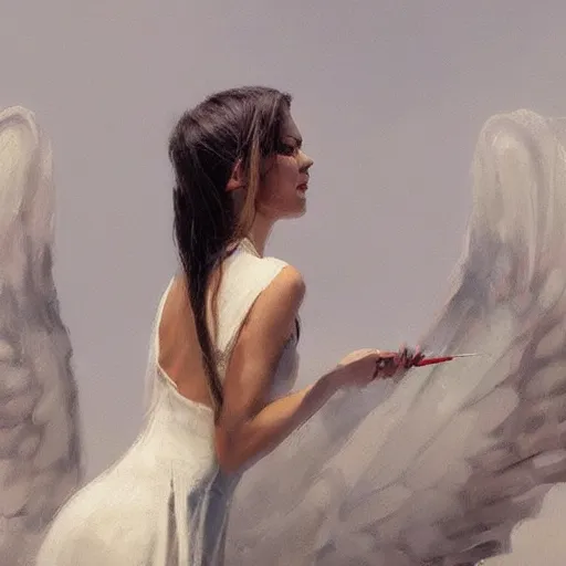 Image similar to Painting by Greg Rutkowski, an opera singer in a white dress with wings on stage