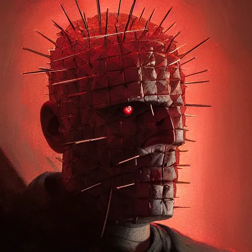 Image similar to portrait of pinhead hellraiser , red light, by Greg Rutkowski , 8k, photorealistic, cinematic lighting, HD, high details, dramatic, atmospheric , trending on artstation